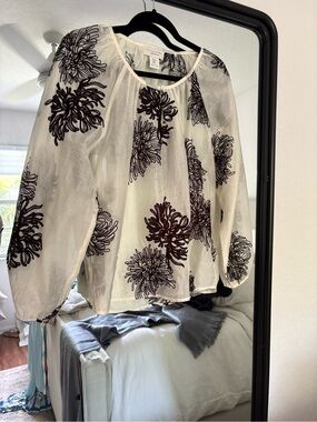 Calypso St. Barth Cream Sheer Blouse with black Floral Embroidery